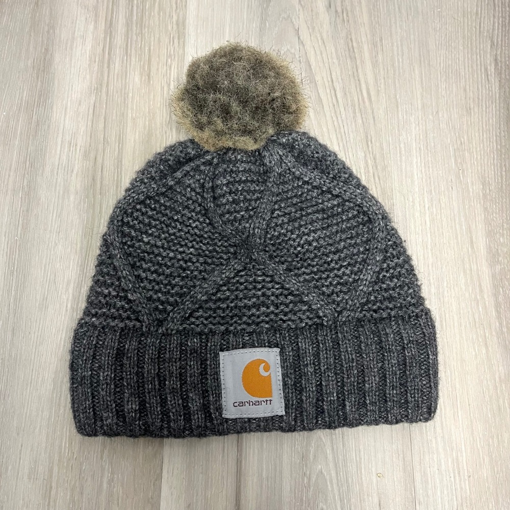 Carhartt Beanie Hat Women's OS Grey Wool Blend Cable Knit Faux Fur‎ Pom